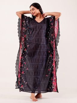 The Kaftan Company - Black Floral Printed Cotton Loungewear Kaftan