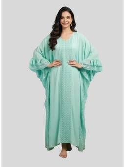 The Kaftan Company - Blue Embroidered Cotton Kaftan With Lace Ruffles