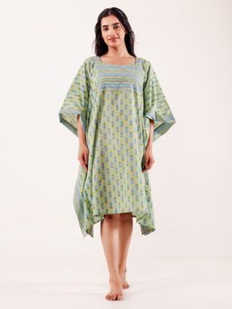 The Kaftan Company - Green Buta Printed Cotton Loungewear Kaftan With Border Detail