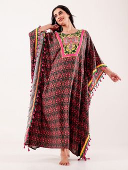 The Kaftan Company - Green And Pink Ornate Printed Modal Kaftan
