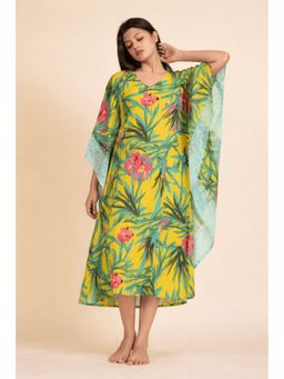 The Kaftan Company - Yellow Tropical Print Polyester Crepe Loungewear Kaftan