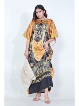 The Kaftan Company - Black And Mustard Ornate Printed Satin Kaftan With Pockets