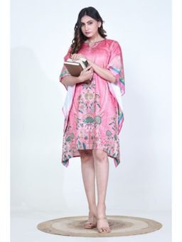 The Kaftan Company - Pink Floral Printed Satin Kaftan With Pockets