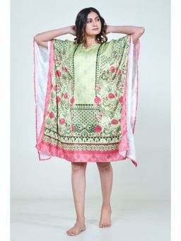 The Kaftan Company - Green Floral Printed Satin Kaftan With Pockets