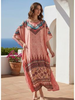 The Kaftan Company - Peach Ethnic Printed Satin Loungewear Kaftan