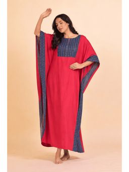 The Kaftan Company - Red Solid Viscose Rayon Kaftan With Cotton Printed Border Detail