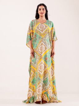 The Kaftan Company - Green And Yellow Geometric Floral Printed Loungewear Kaftan