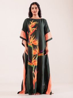 The Kaftan Company - Green Tropical Bird-Of-Paradise Printed Viscose Kaftan