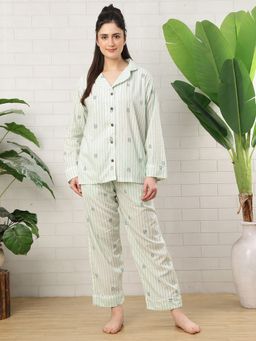 TAG 7 - White Green Striped Cotton Shirt With Pyjama