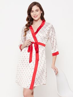 Clovia - White Satin Pretty Florals Robe
