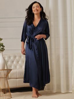 Clovia - Navy Blue Satin Chic Basic Long Robe