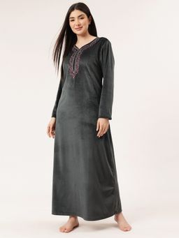 Clovia - Grey Velour Long Nightdress