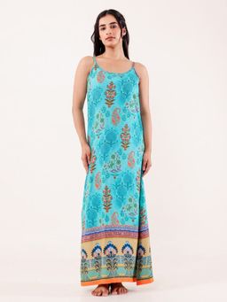 The Kaftan Company - Turquoise Printed Modal Negligee With Spaghetti Straps