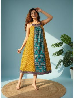 The Kaftan Company - Yellow Printed Viscose Rayon Negligee With Smocked Neckline