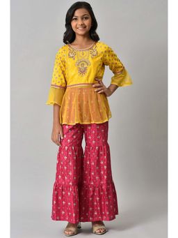 Aurelia - Girls Foil Printed Top With Pink Sharara Set (Set of 2)