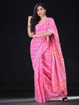 Beatitude - Pink Cotton Silk Woven Jacquard Jamdani Saree with Unstitched Blouse