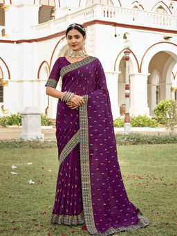 Odette - Purple Vichitra Embroidered Saree with Unstitched Blouse