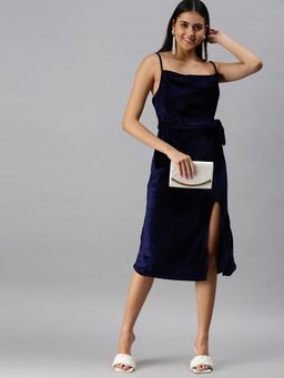 SHOWOFF - Women Navy Blue Solid Cowl Neck A-Line Dress
