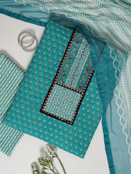 Libas - Turquoise Ethnic Motif Printed Unstitched Dress Material (Set of 3)