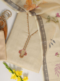 Libas - Beige Floral Embellished Unstitched Dress Material (Set of 3)