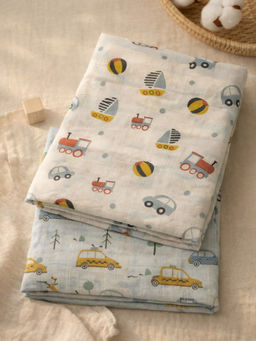 Nautinati - Boys Muslin Pure Cotton All Over Print Woven Swaddles (Pack of 2) (0-6 Months)