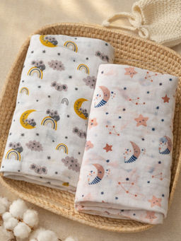 Nautinati - Girls Muslin Pure Cotton All Over Print Woven Swaddles (Pack of 2) (0-6 Months)
