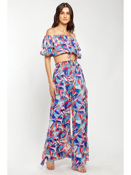 MANDIRA WIRK - Chiffon Printed Off Shoulder Crop Top With Smocking Pants Blue (Set of 2)