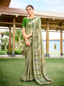 Odette - Green and Multi-Color Stripes Chiffon Saree with Unstitched Blouse (Set of 2)