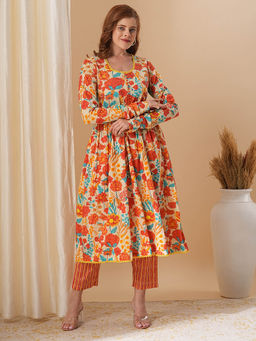 FASHOR - Floral and Stripes Printed A-Line Anarkali Kurta with Pant (Set of 2)