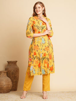 FASHOR - Floral Printed A-Line Kurta with Pant (Set of 2)