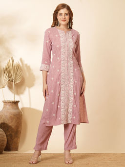 FASHOR - Cross Stitch Embroidered Straight Fit Co-Ord (Set of 2)