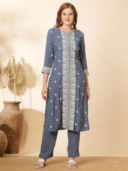 FASHOR - Cross Stitch Embroidered Straight Fit Co-Ord (Set of 2)