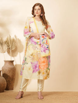 FASHOR - Floral Printed and Hand Embroidered Straight Fit Kurta with Pant and Dupatta (Set of 3)