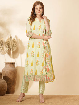 FASHOR - Floral Printed and Embroidered Straight Kurta with Pant and Dupatta (Set of 3)