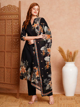 FASHOR - Floral Printed Straight Fit Kurta with Pant and Pure Cotton Dupatta (Set of 3)