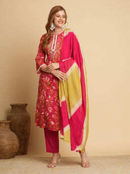 FASHOR - Floral Printed A-Line Paneled Kurta with Pant and Leheriya Dupatta (Set of 3)