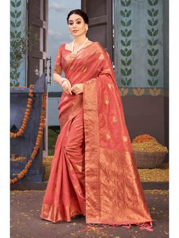 Sangam Prints - Peach Organza Woven Zari Work Traditional Tassel Saree with Unstitched Blouse