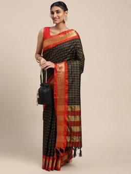 Vastranand - Black & Golden Checked Zari Pure Silk Gadwal Saree with Unstitched Blouse