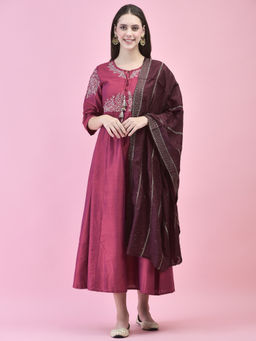 Shree - Women Poly Silk Burgundy Embroidered Dress with Dupatta (Set of 2)