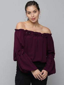 SHOWOFFFF - Womens Off-shoulder Violet Cinched Waist Regular Top