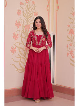JATRIQQ - Red Faux Blooming with Sequins and Zari Embroidered Work Gown