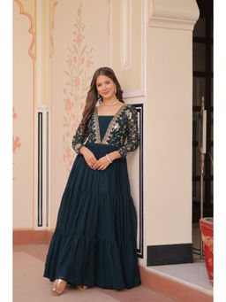 JATRIQQ - Teal Faux Blooming with Sequins and Zari Embroidered Work Gown