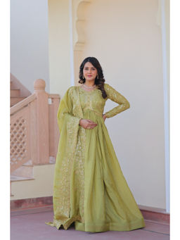 JATRIQQ - Green Gold-Crush Fabric with Sequins and Multi Embroidered Work Gown with Dupatta