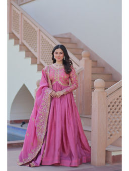 JATRIQQ - Pink Gold-Crush Fabric with Sequins and Multi Embroidered Work Gown with Dupatta