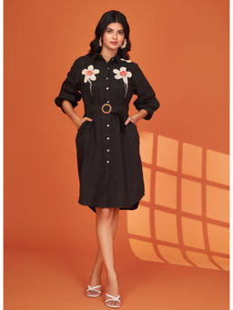 KAFTANIZE - Black Cotton Cambric Crochet Bold Flower Patch Mini Dress with Belt