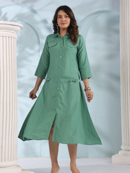 KAFTANIZE - Green Twill Solid Button and Flap Front Side Belt with Buckle Detailed Midi Dress