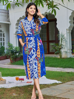 KAFTANIZE - Multi Color Urban Graphic Printed Rhinestone Butterfly Motif Midi Dress with Belt