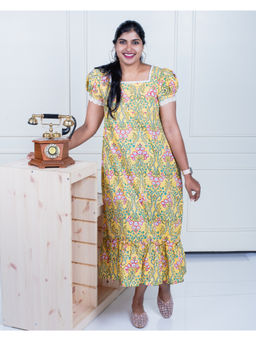 Zerah Designs - Marigold Yellow Printed Hand Block Midi Dress