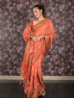 Odette - Orange Woven Cotton Silk Blend Saree with Unstitched Blouse For Women