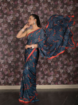 Odette - Teal Printed Georgette Saree with Unstitched Blouse For Women